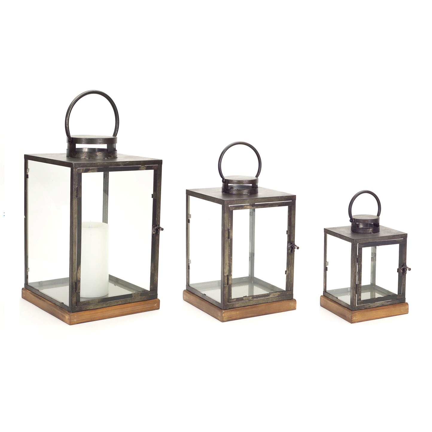 Metal Box Lantern with Wood Base (Set of 3)