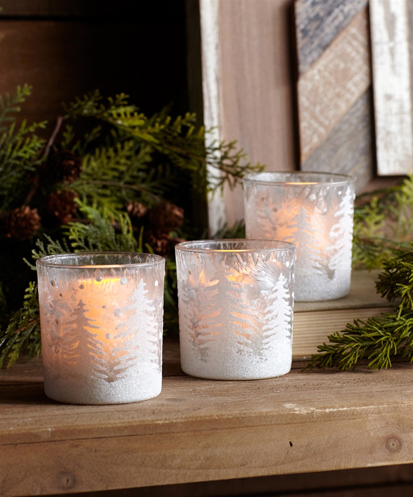 Frosted Votive Candle Holder with Snowy Forest (Set of 12)