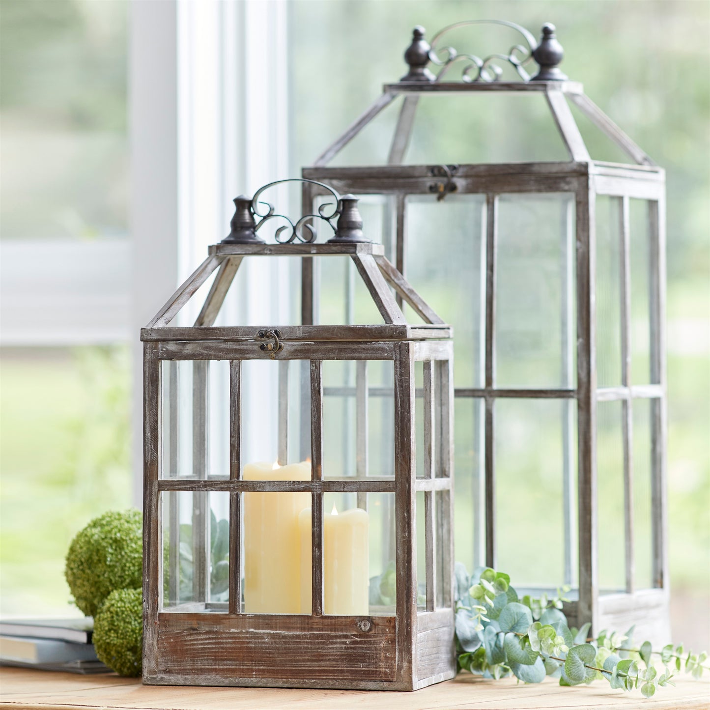 White Washed Wood Lantern with Ornate Metal (Set of 2)