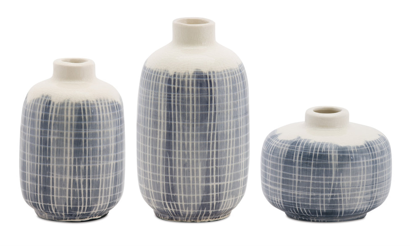 Mini Terra Cotta Bud Vase with Navy Criss Cross Pattern (Set of 6)