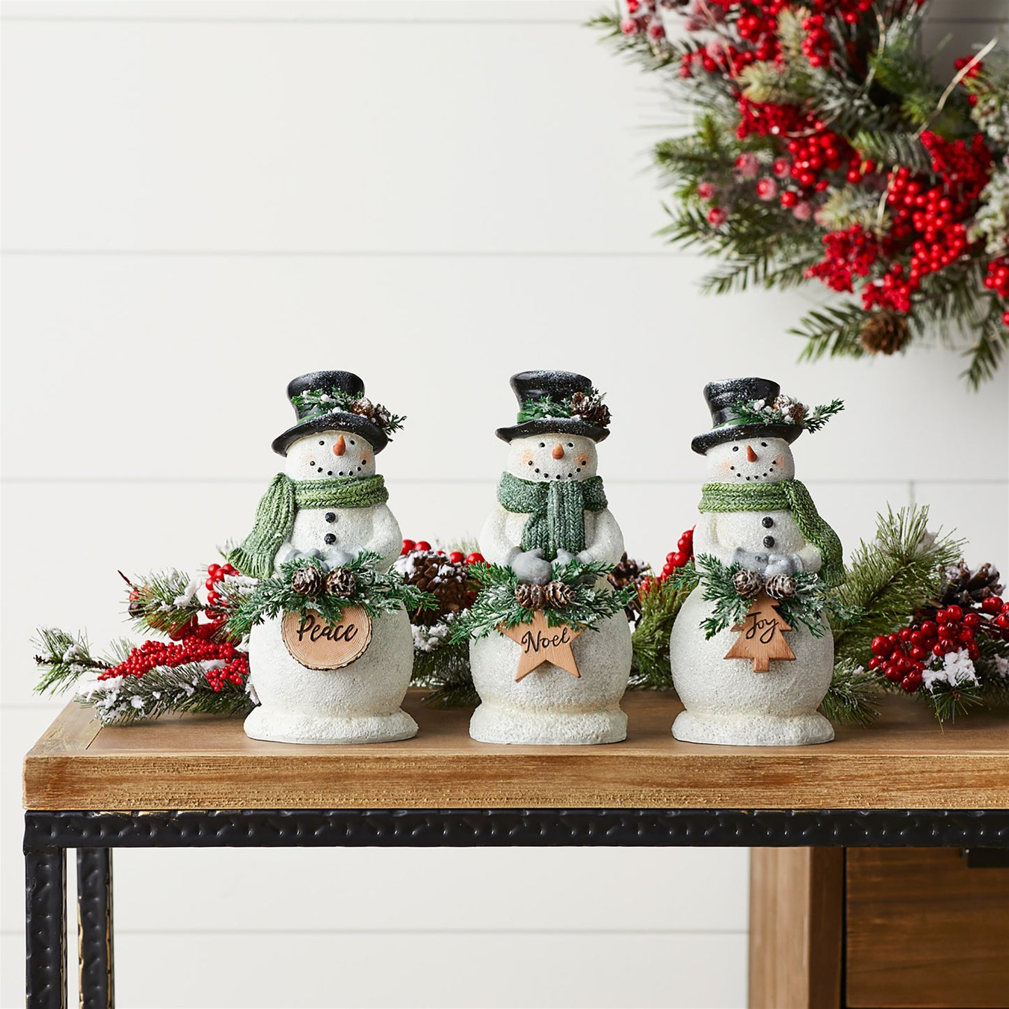Holiday Snowman Figurine with Frosted Pine Accent (Set of 3)