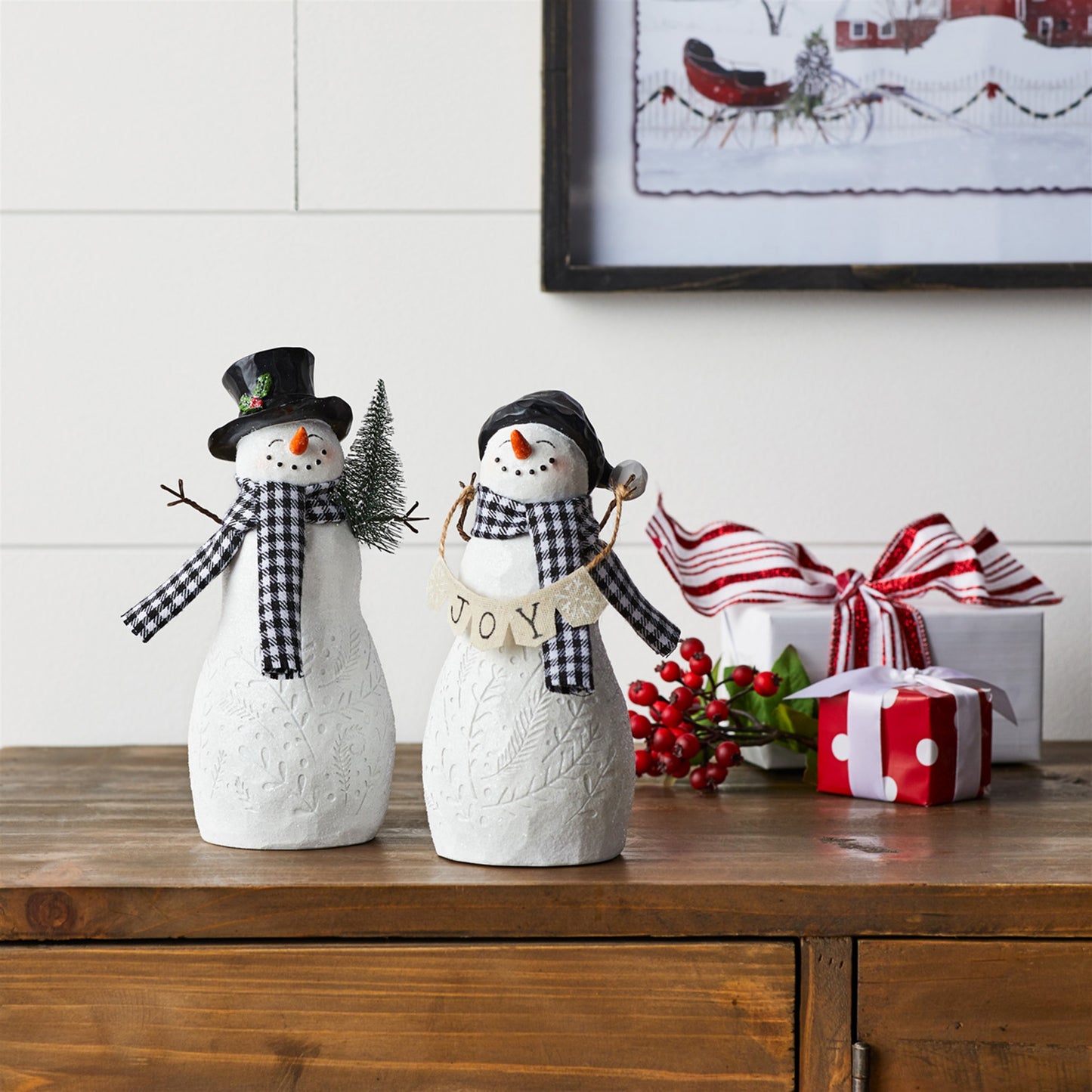 Holiday Snowman Figurine with Tree and Joy Accent (Set of 4)