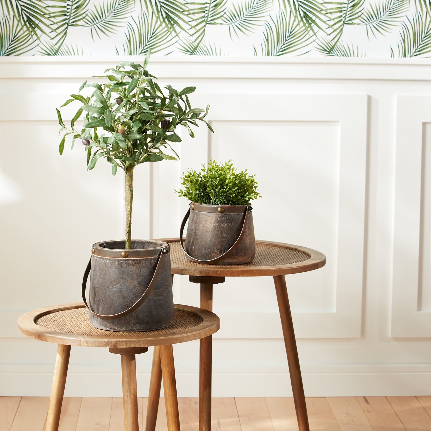Natural Wooden Pail Planter with Metal Handle Accent (Set of 2)
