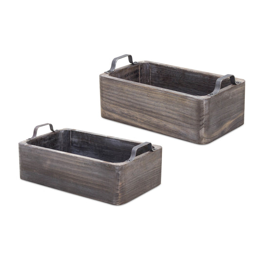 Natural Wooden Box Tray with Metal Handle Accent (Set of 2)