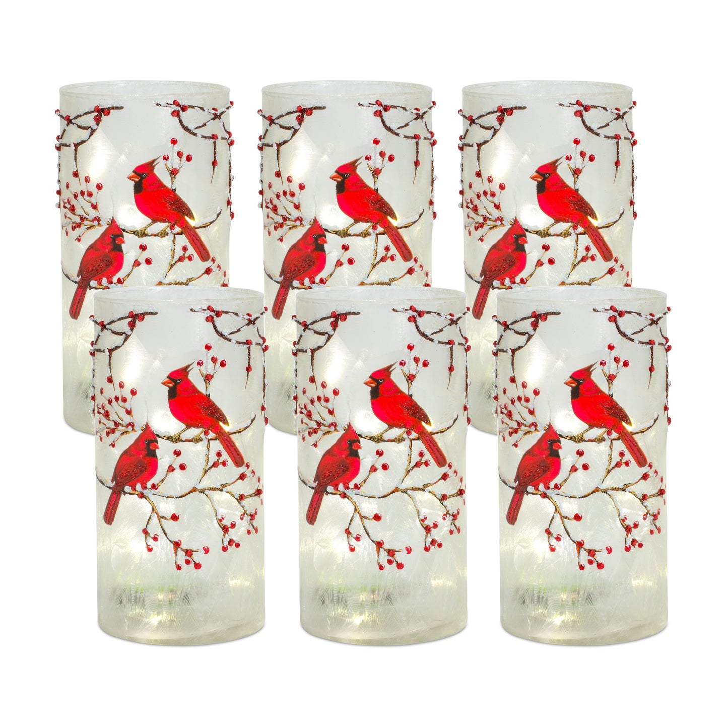 Frosted Glass Votive Holder with Beaded Cardinal Bird Design (Set of 6)
