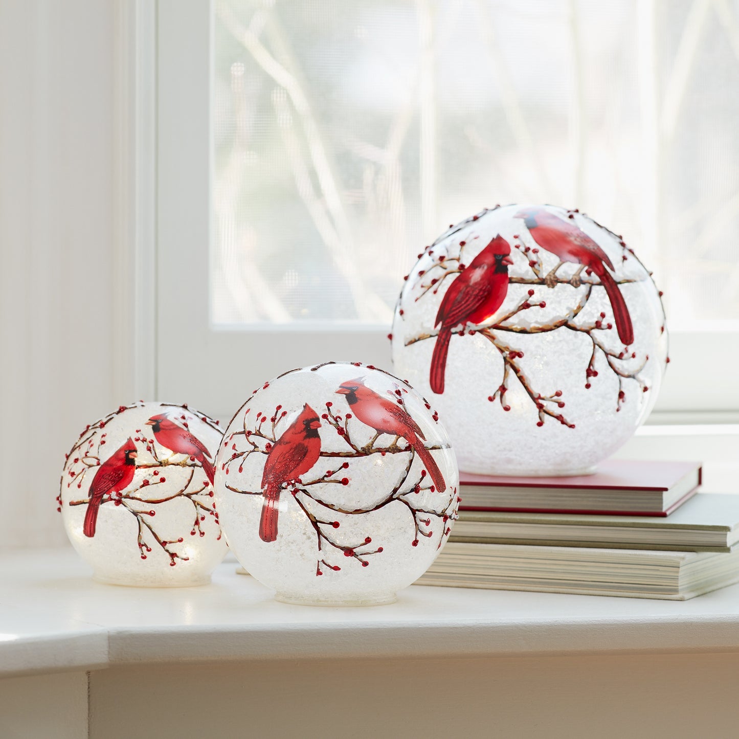 LED Frosted Cardinal Orb with Berry Branch Design (Set of 3)