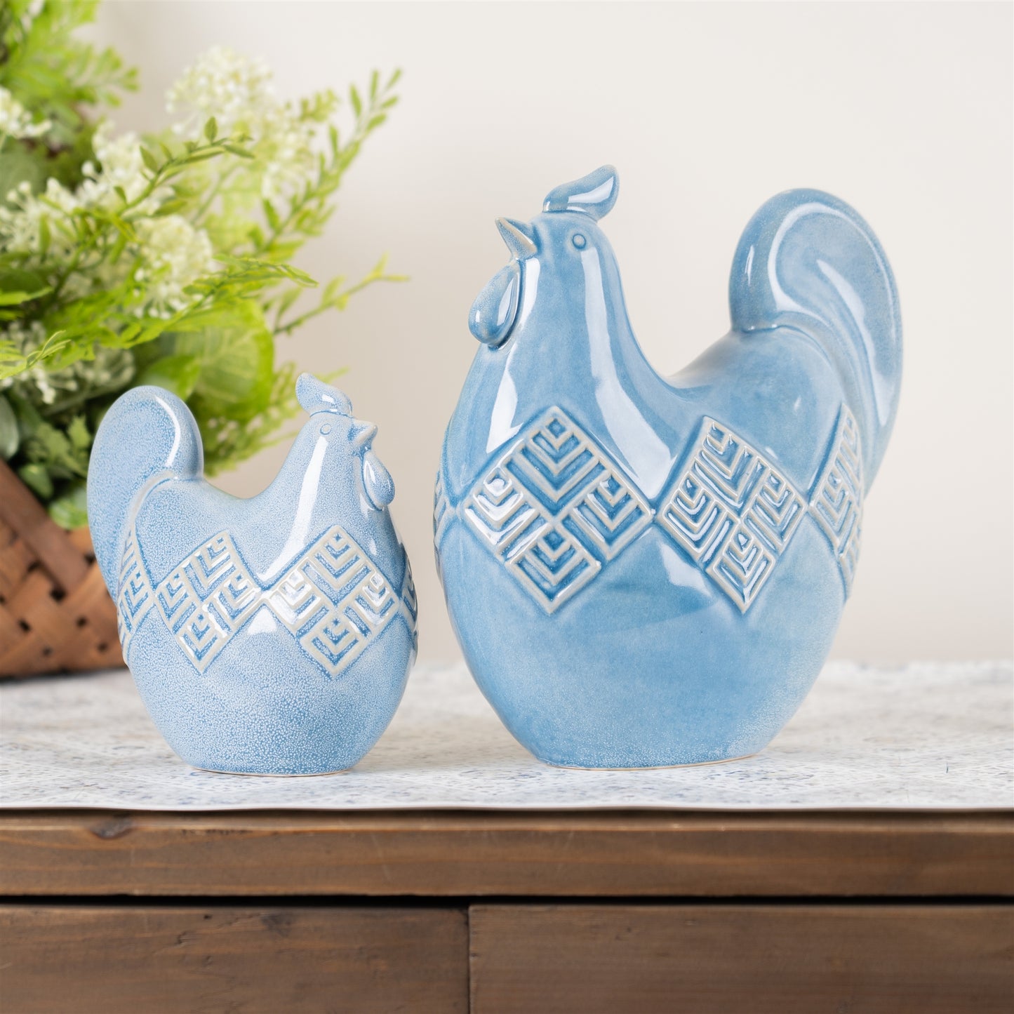 Ceramic Chicken Shelf Sitter with Geometric Design (Set of 2)