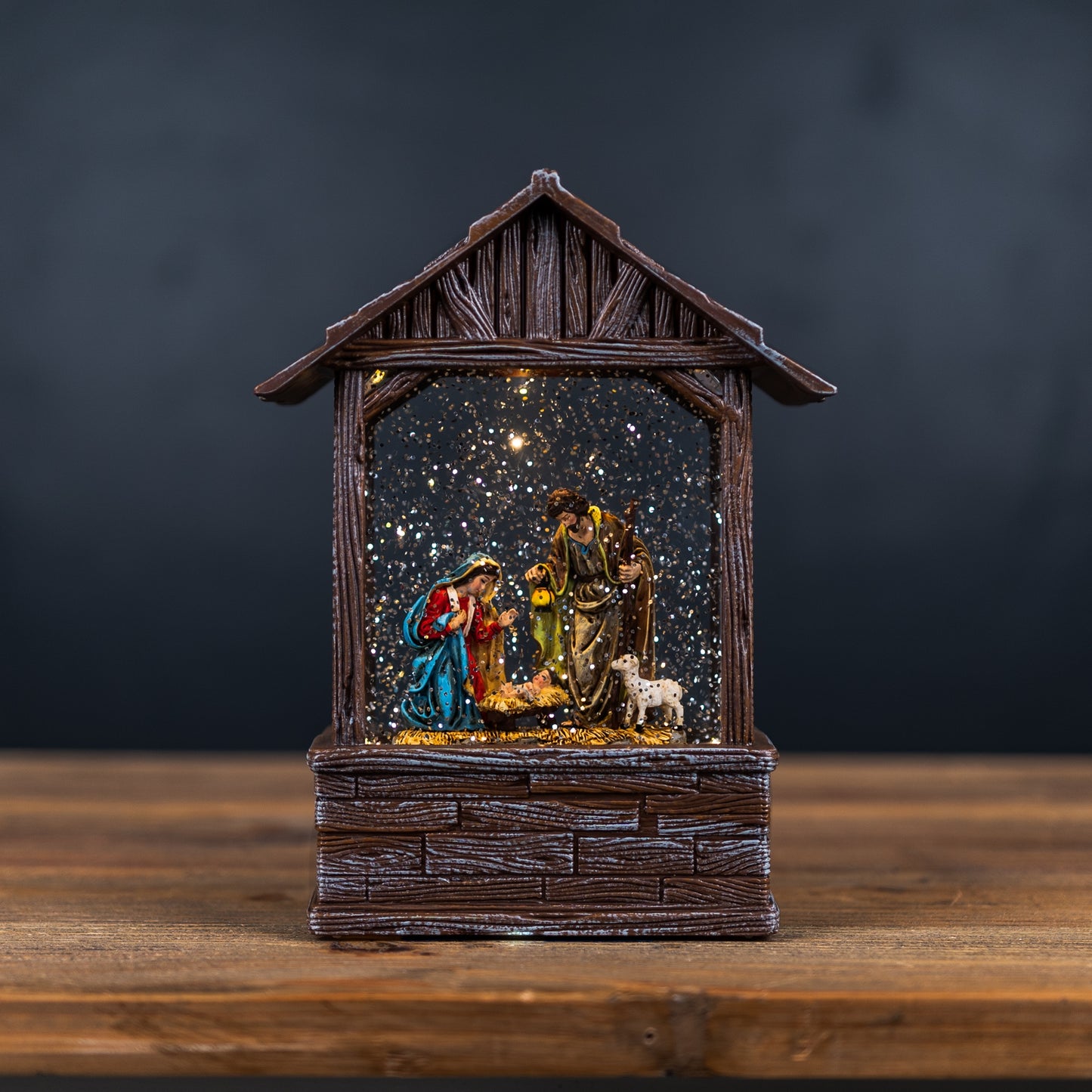 LED Snow Globe Nativity Barn 8.25"H