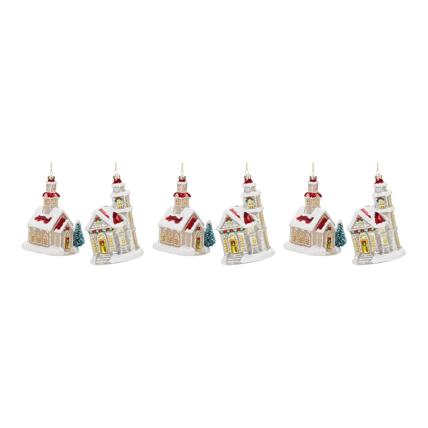 Glittered Glass Church Ornament (Set of 6)