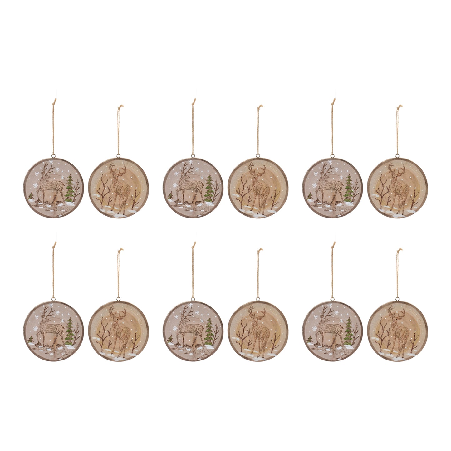 Wood Deer Tree Disc Ornament (Set of 12)