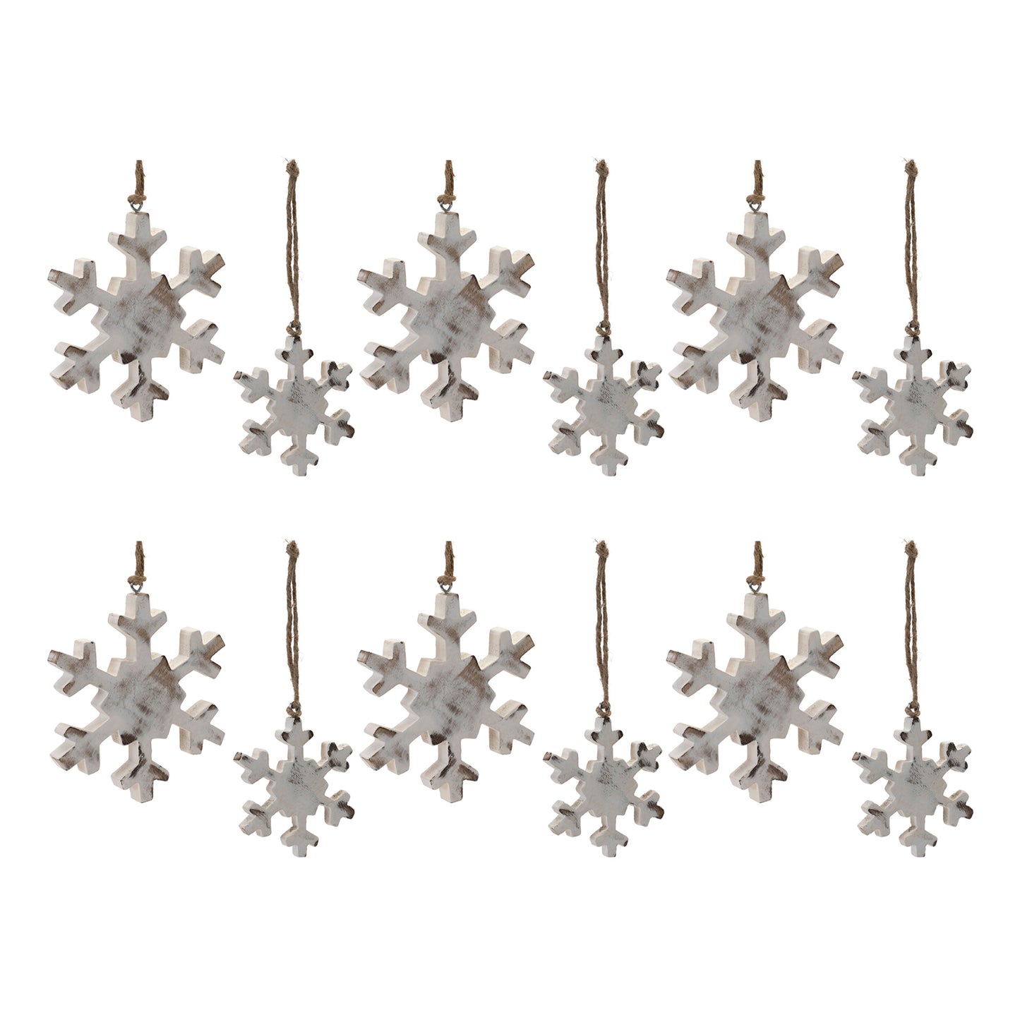 White Washed Wood Snowflake Ornament (Set of 12)