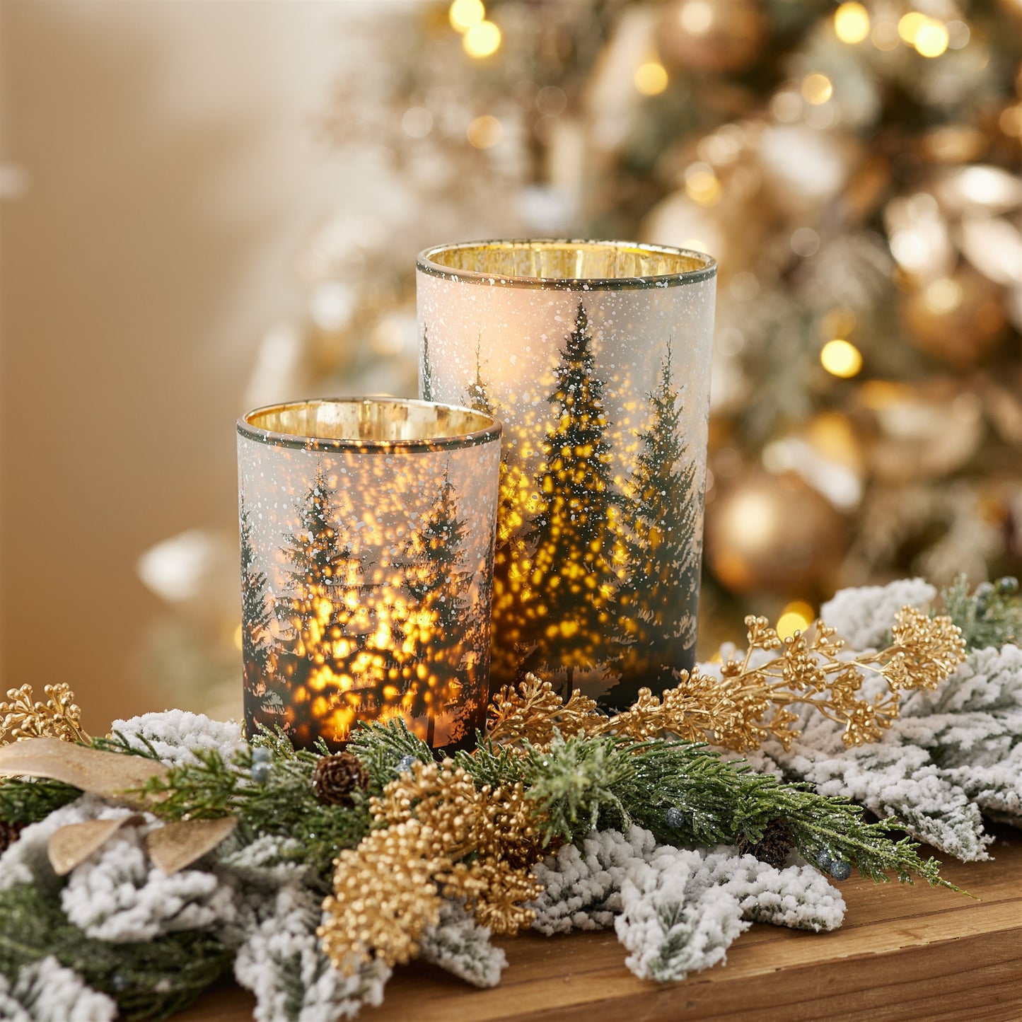 Frosted Pine Mercury Glass Candle Holder (Set of 2)
