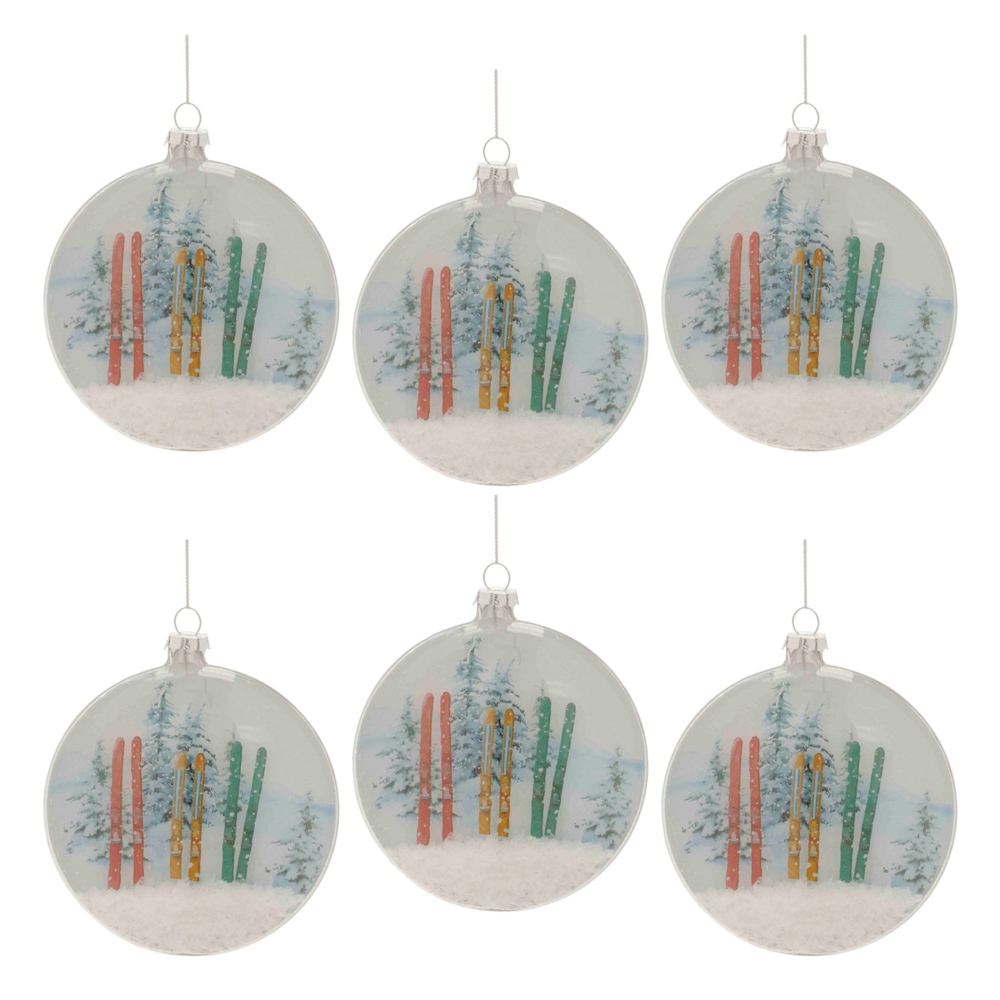 Glass Ski and Snow Disc Ornament (Set of 6)