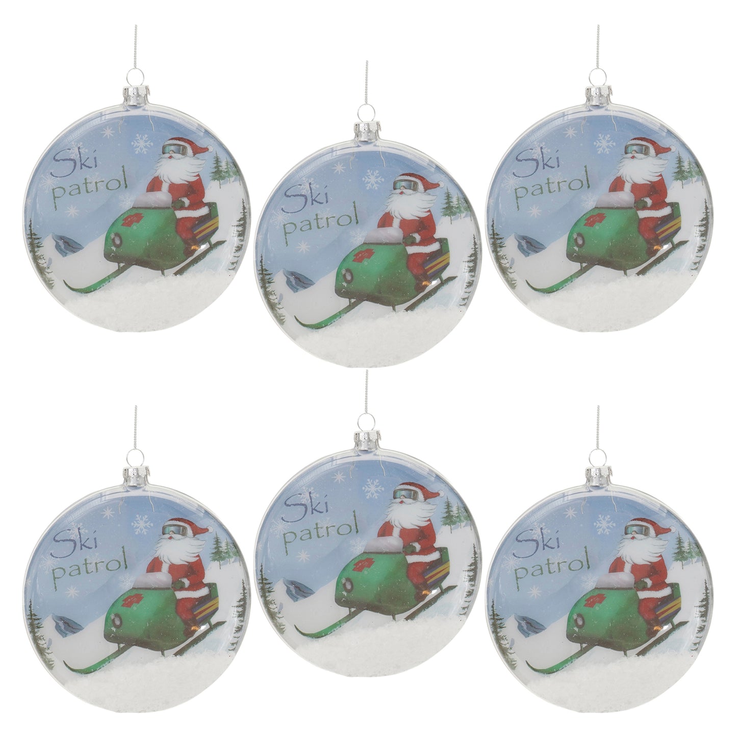 Glass Santa Ski Patrol Disc Ornament (Set of 6)
