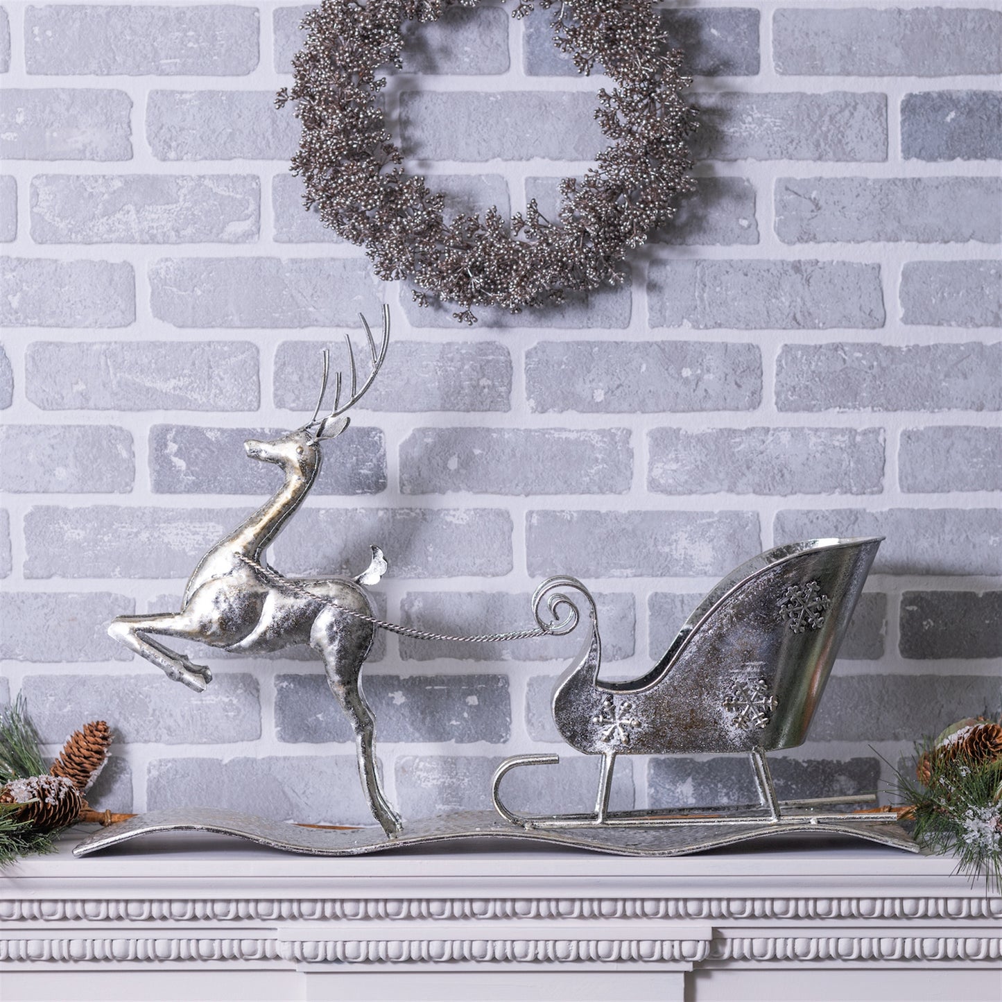 Hammered Metal Reindeer with Sleigh 25.5"L