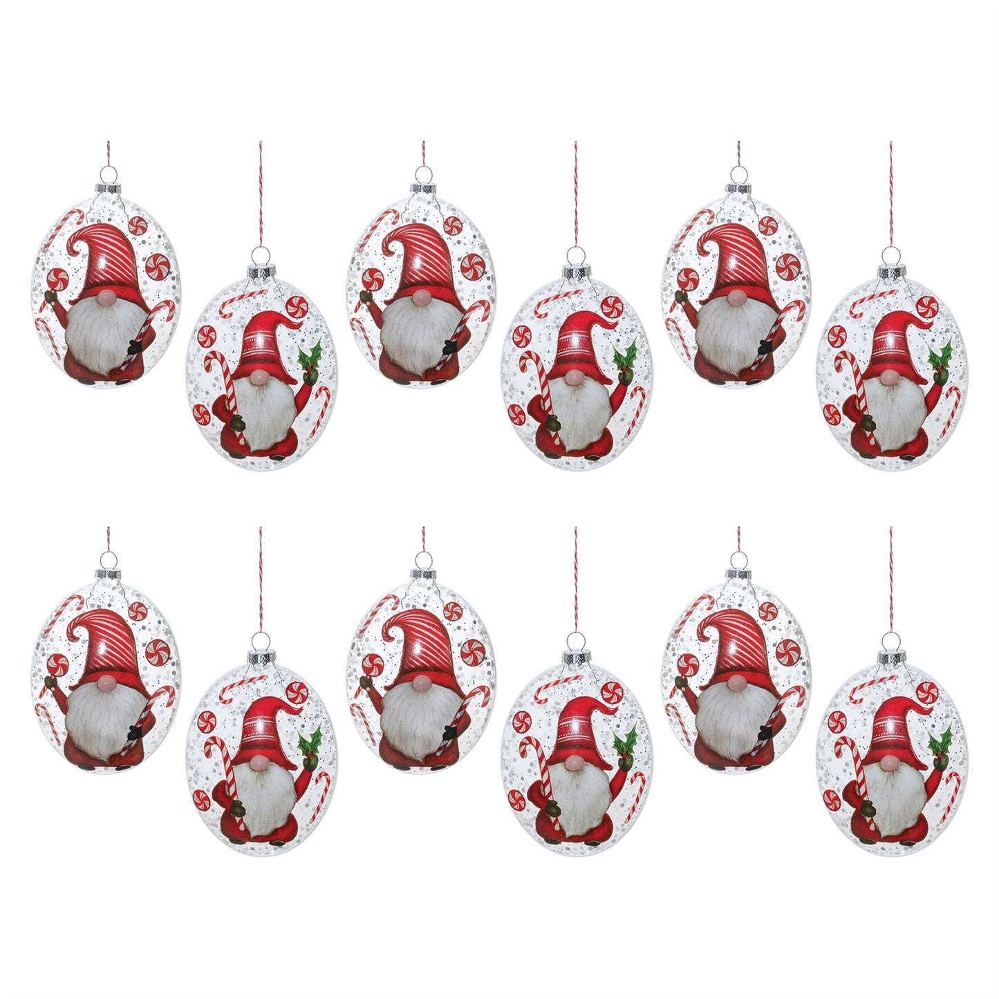 Glass Peppermint Gnome Disc Ornament (Set of 12)