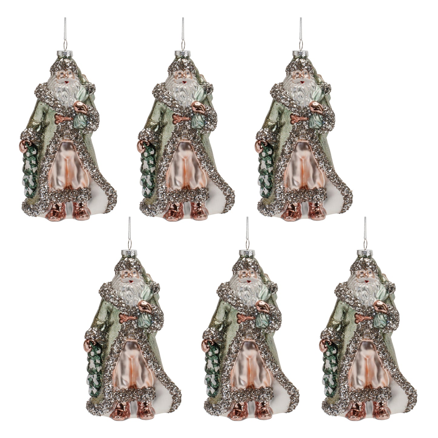Glittered Green Glass Santa Ornament (Set of 6)