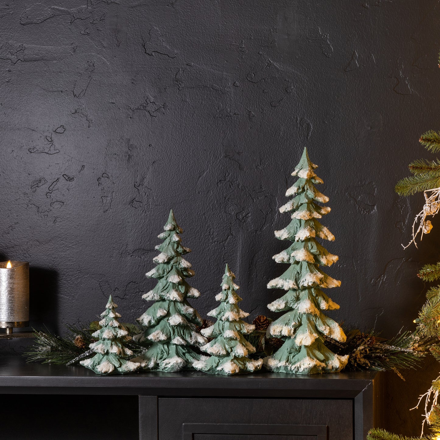 Flocked Seafoam Pine Tree with Carved Design (Set of 4)