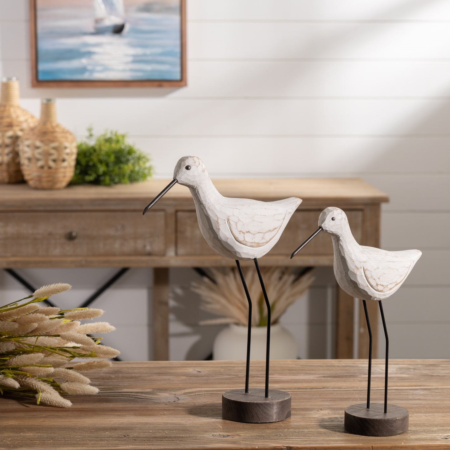 Carved Wood Sea Bird with Metal Stand (Set of 2)