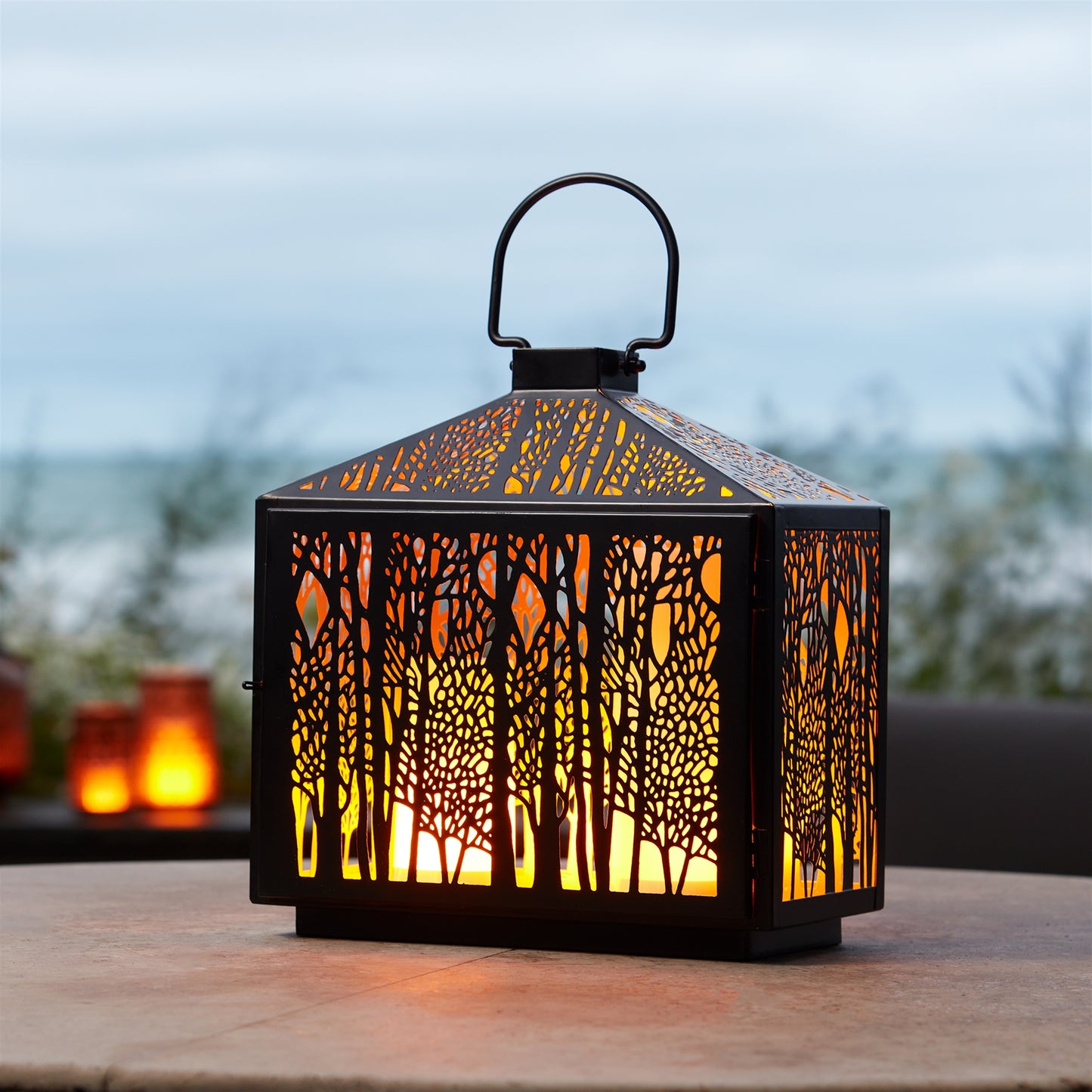 Forest Cut Metal Lantern with Gold Accent 12"H