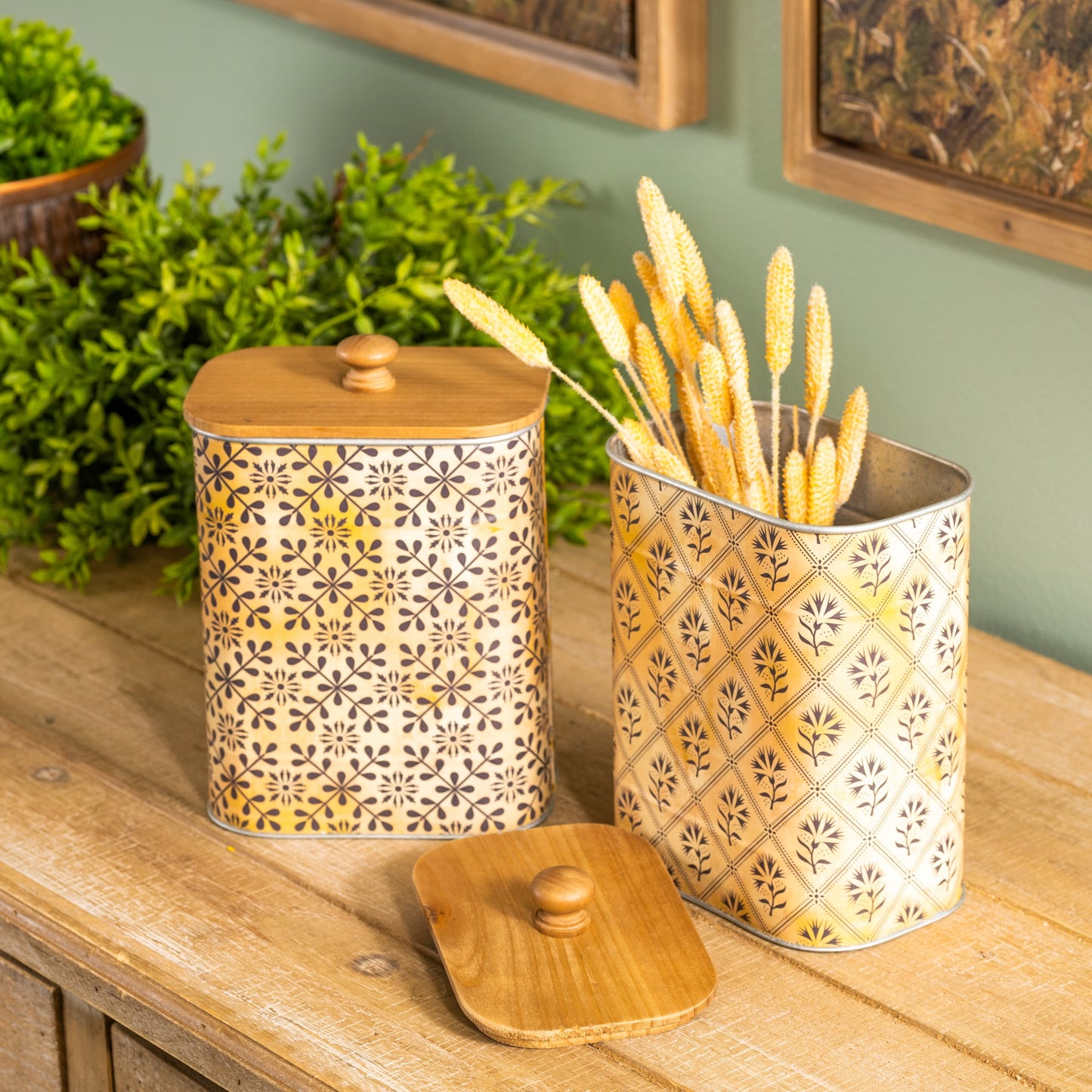 Geometric Canister with Natural Wood Lid (Set of 2)