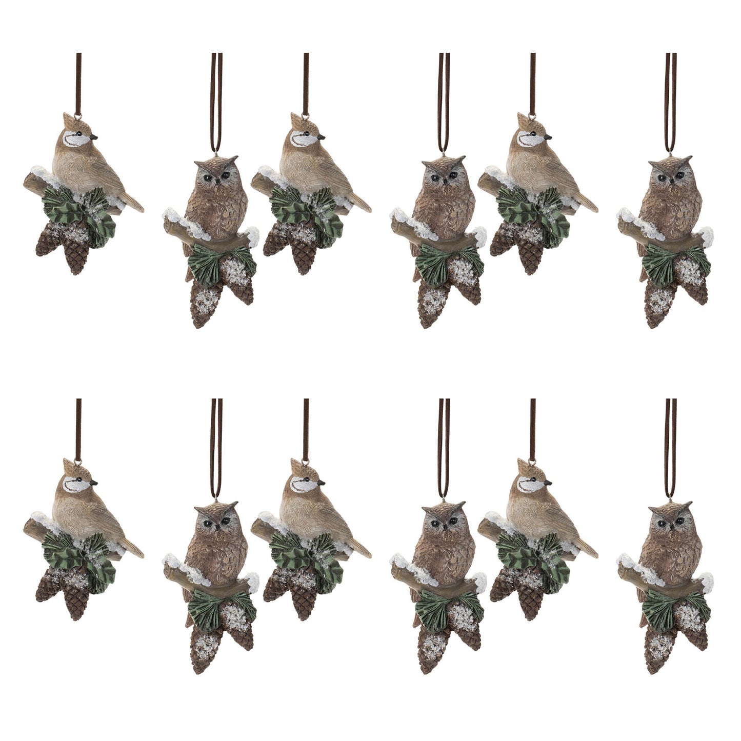 Snowy Cardinal Bird and Owl Ornament (Set of 12)