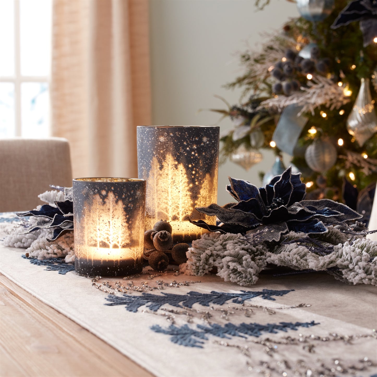 Navy Pine Tree Glass Candle Holder (Set of 2)