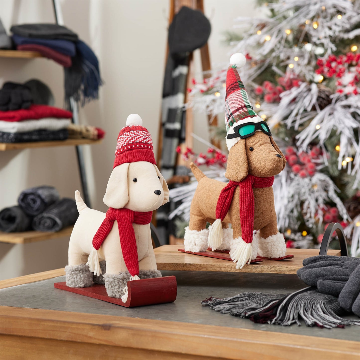Plush Dog Character on Sled and Skis (Set of 2)