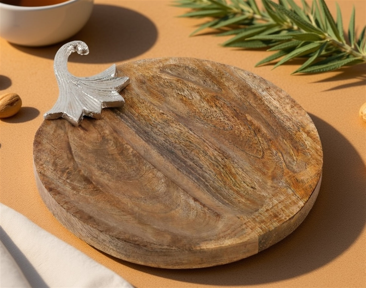 Wooden Pumpkin Tray with Aluminum Stem 14"L