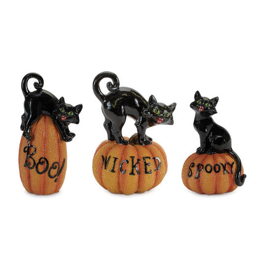 Black Cat on Pumpkin Figurine (Set of 3)