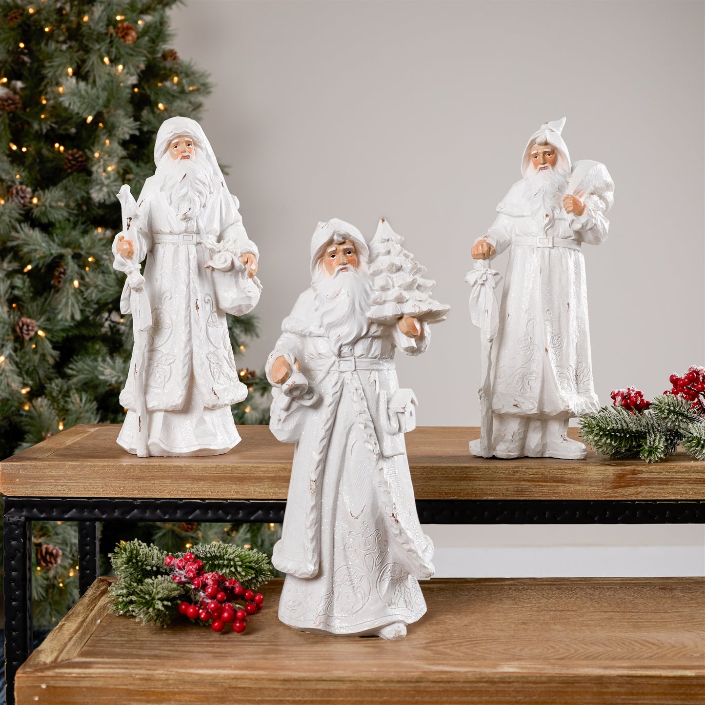 Snowy White Winter Santa Figurine (Set of 3)
