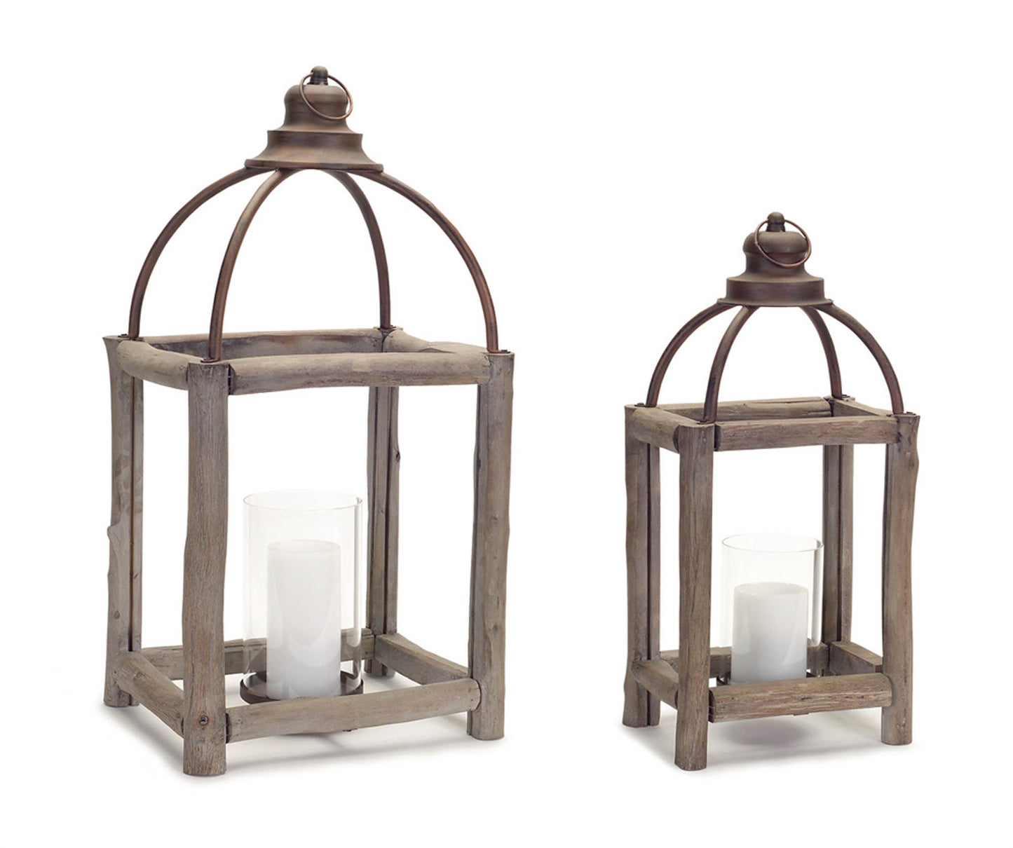 Rustic Wood Log and Antique Metal Lantern with Glass Hurricane (Set of 2)
