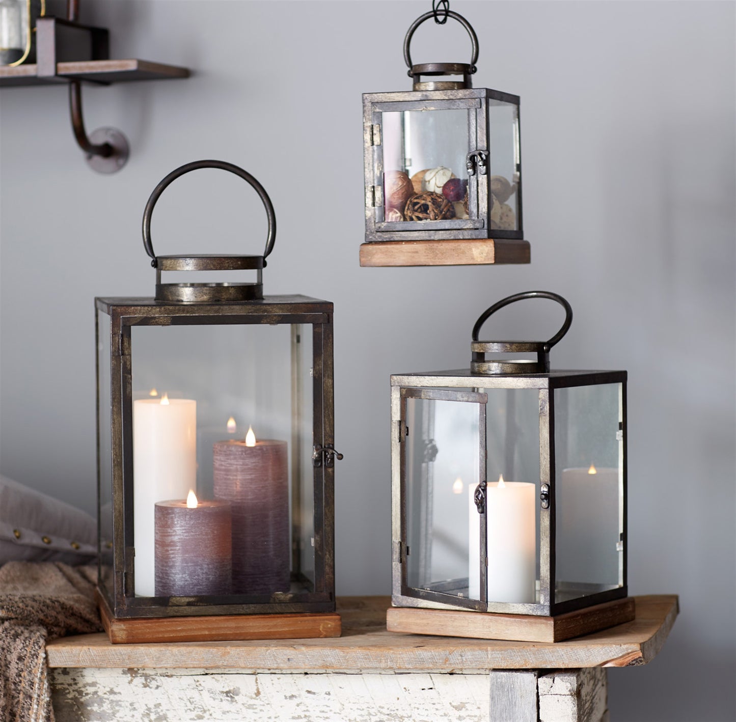 Metal Box Lantern with Wood Base (Set of 3)