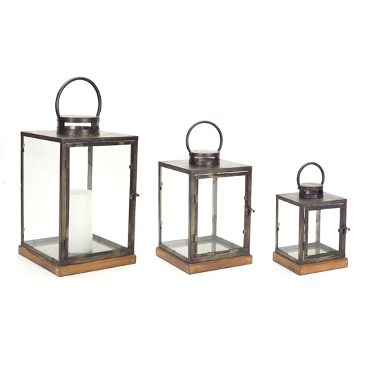 Metal Box Lantern with Wood Base (Set of 3)