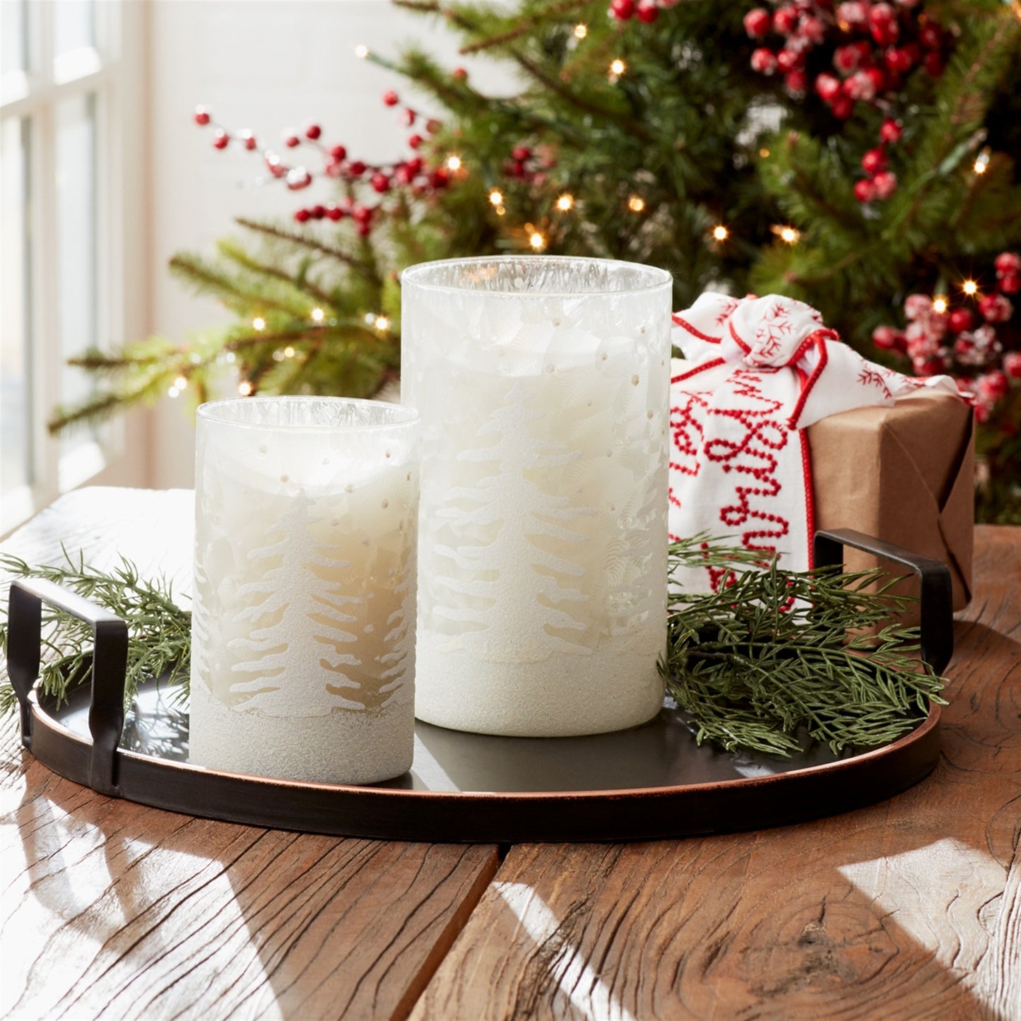Frosted Votive Candle Holder with Snowy Forest (Set of 4)