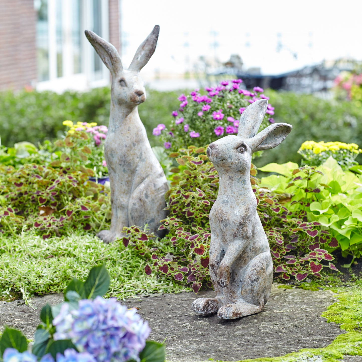 Weathered Stone Standing Garden Rabbit Figurine (Set of 2)