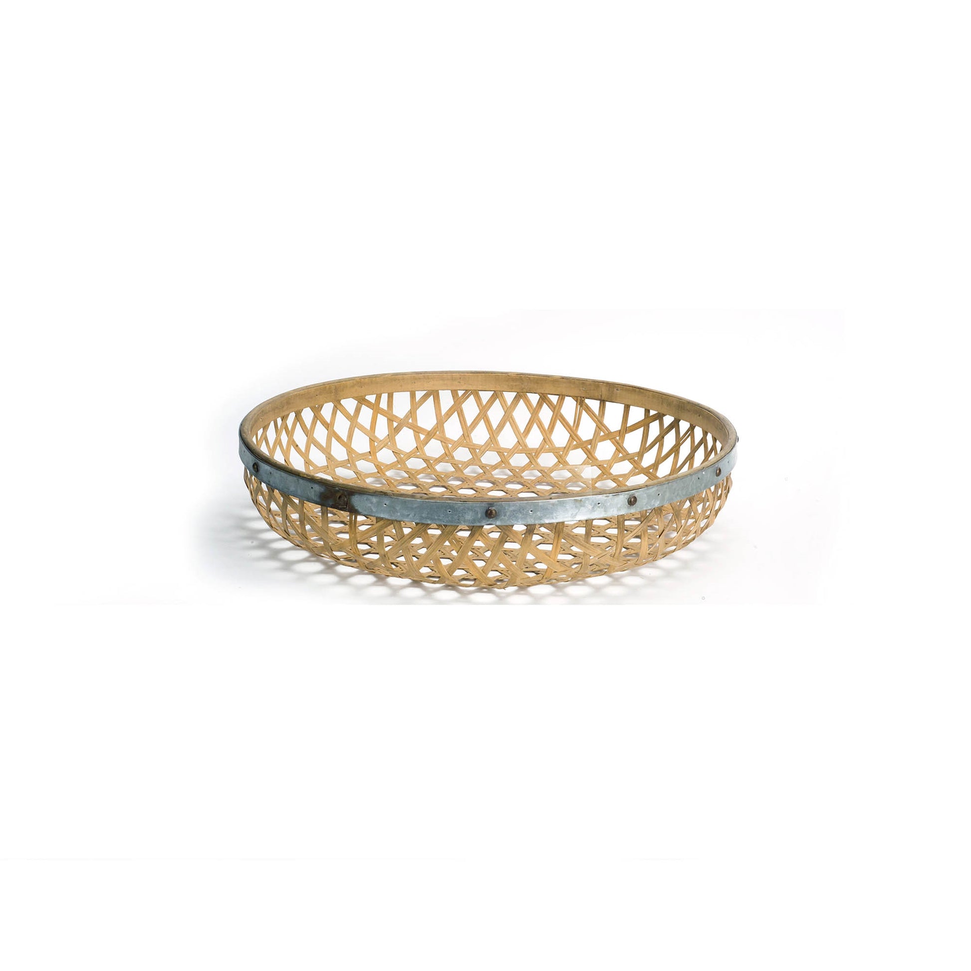 Round Woven Bamboo Tray with Galvanized Metal Accent (Set of 3)
