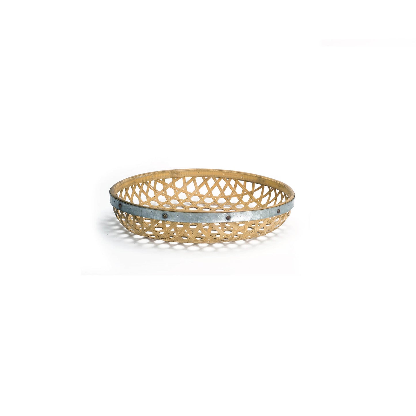Round Woven Bamboo Tray with Galvanized Metal Accent (Set of 3)