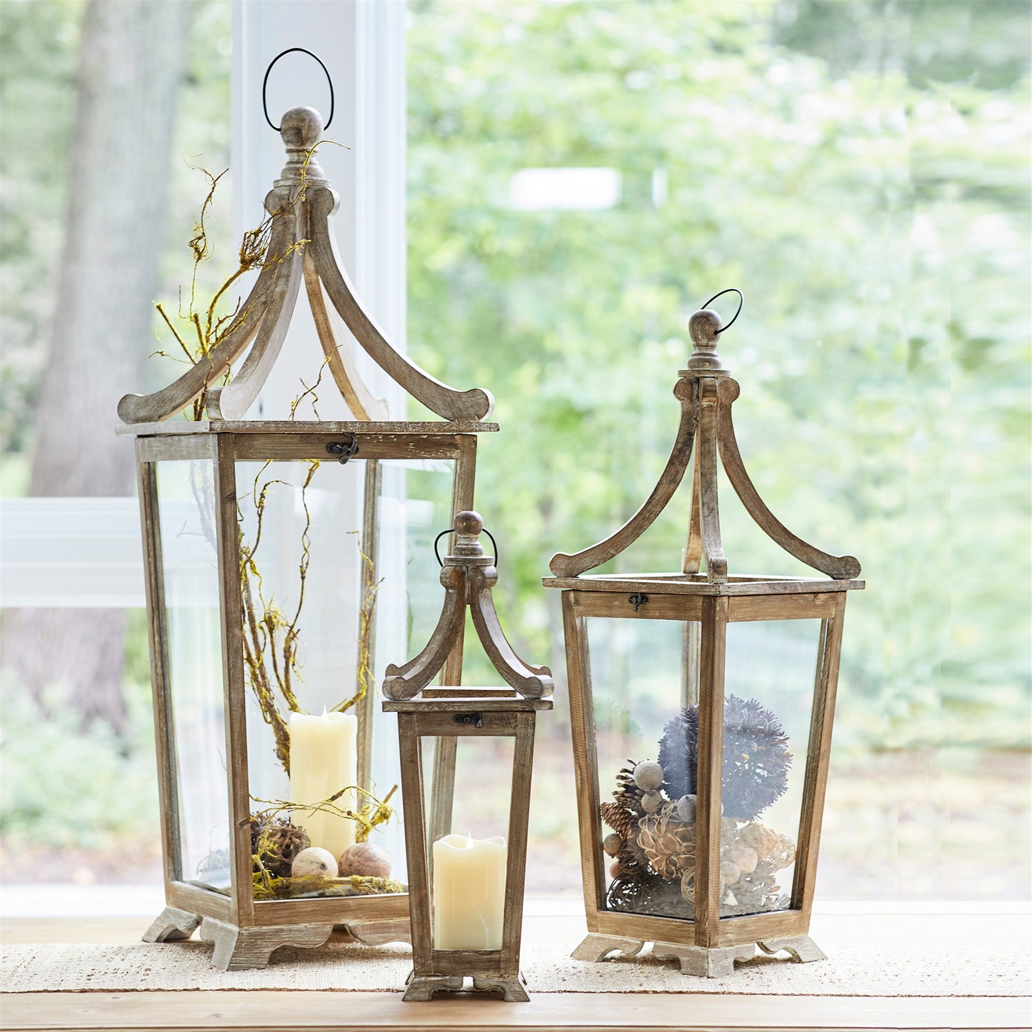 Tapered Wooden Floor Lantern (Set of 3)