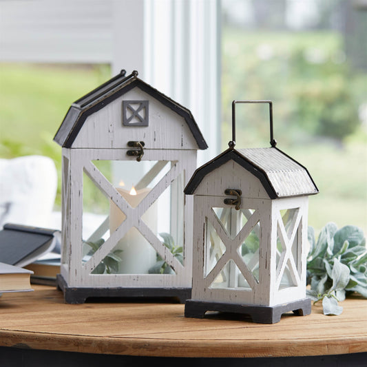 Distressed White Wood Barn Style Lantern (Set of 2)