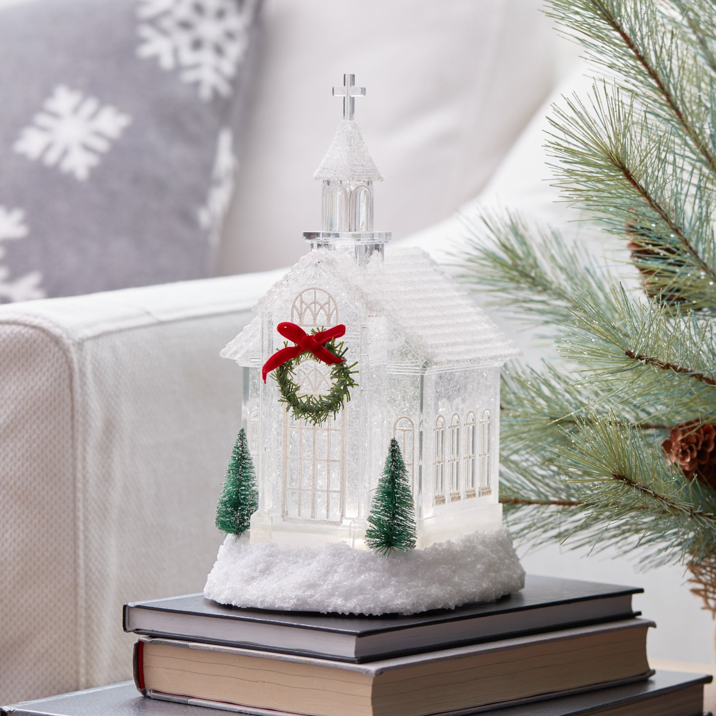 LED Church Snow Globe with Pine Accents 10.5"H