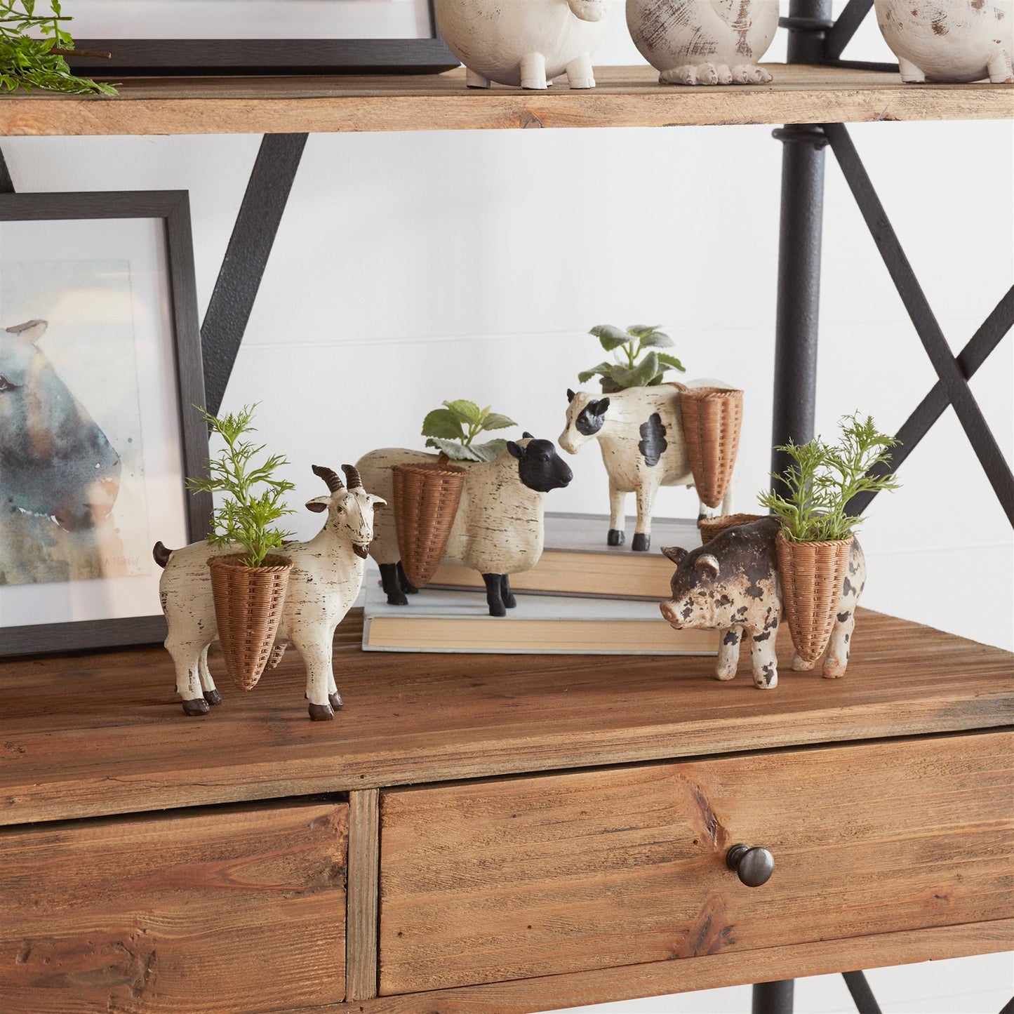 Farm Animal Figurine with Basket Vase (Set of 4)