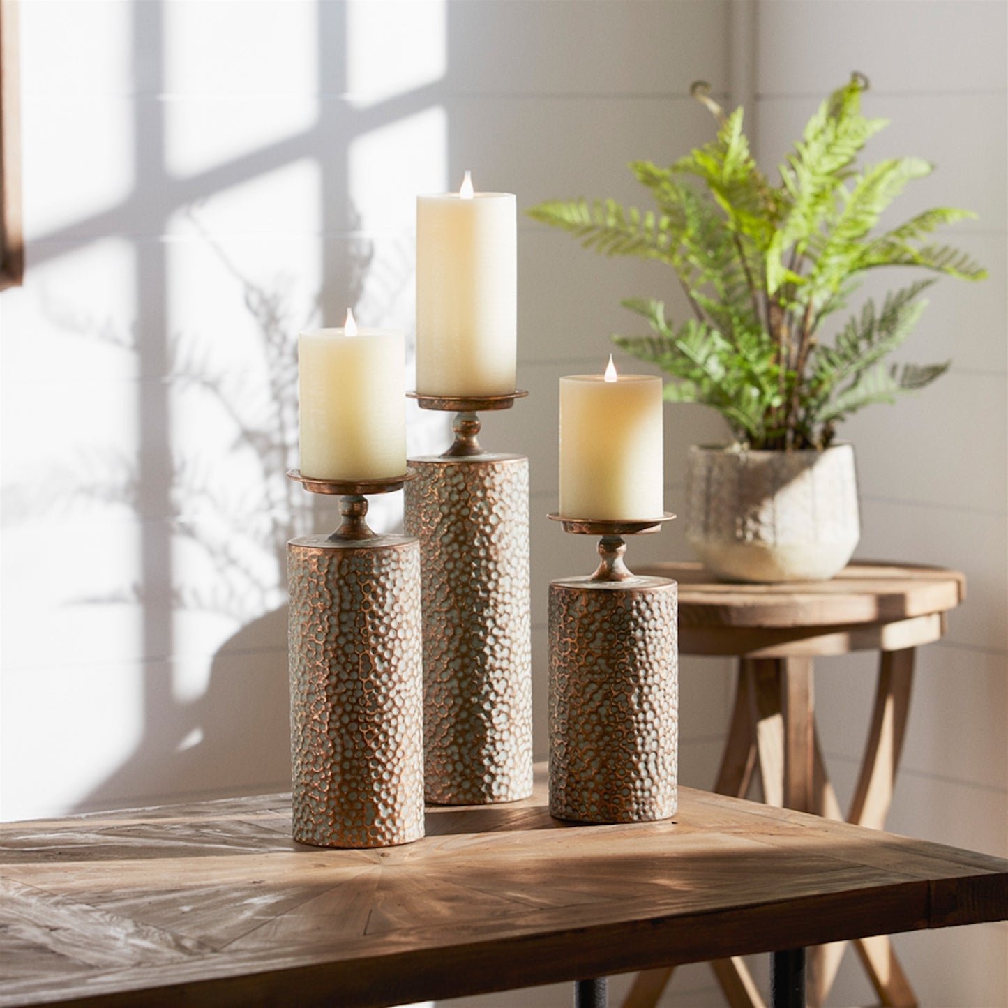 Hammered Bronze Metal Candle Holder (Set of 3)
