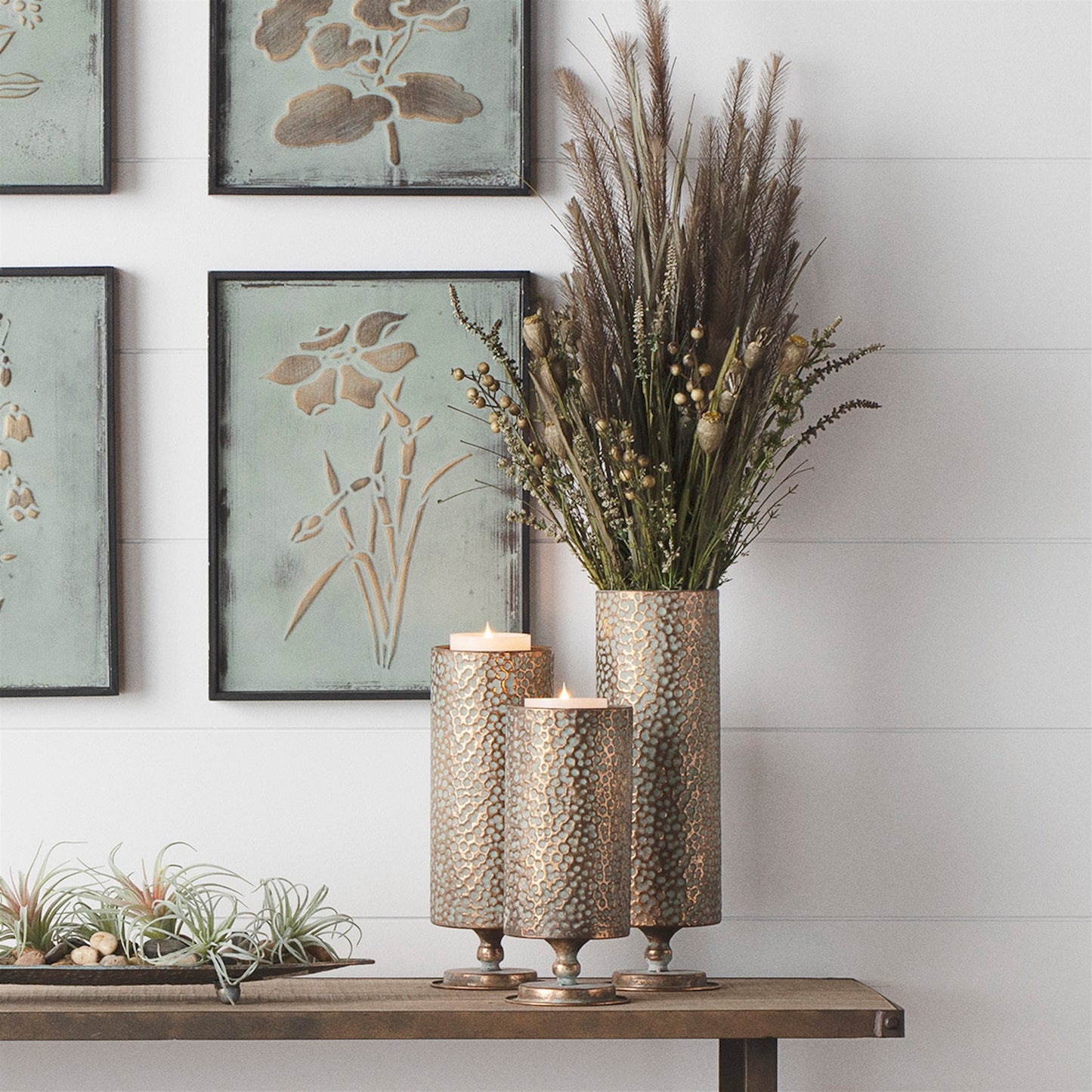 Hammered Bronze Metal Candle Holder (Set of 3)