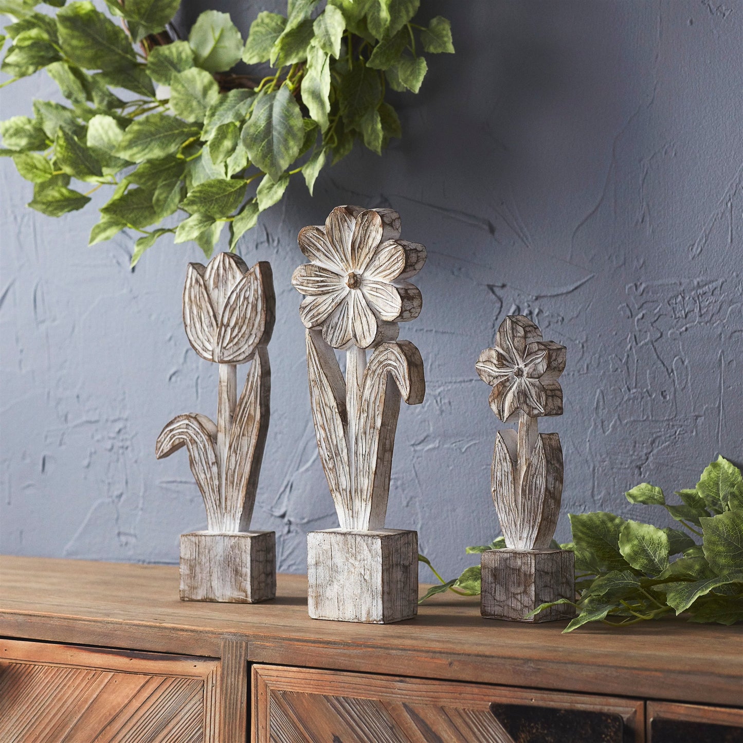 White Washed Potted Floral Sculpture (Set of 3)