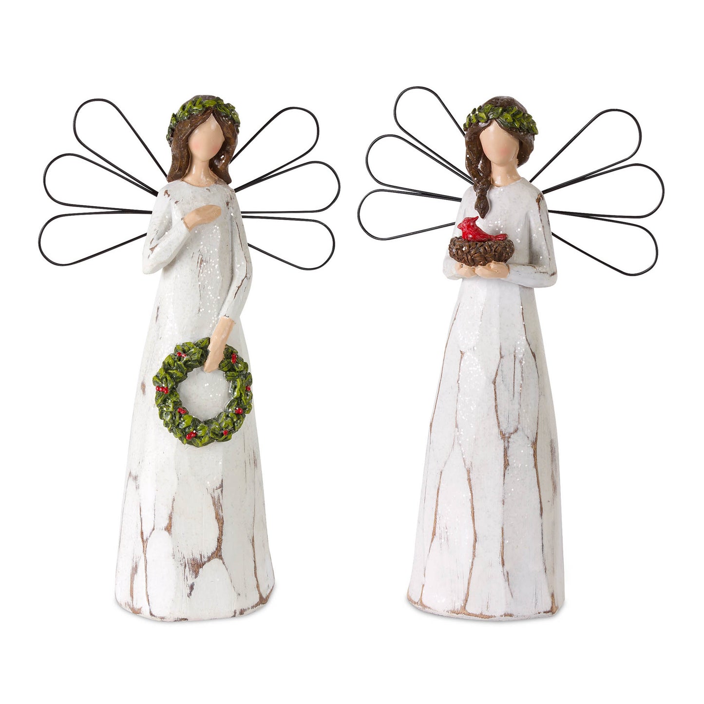 Frosted Winter Angel with Bird and Wreath Accent (Set of 2)