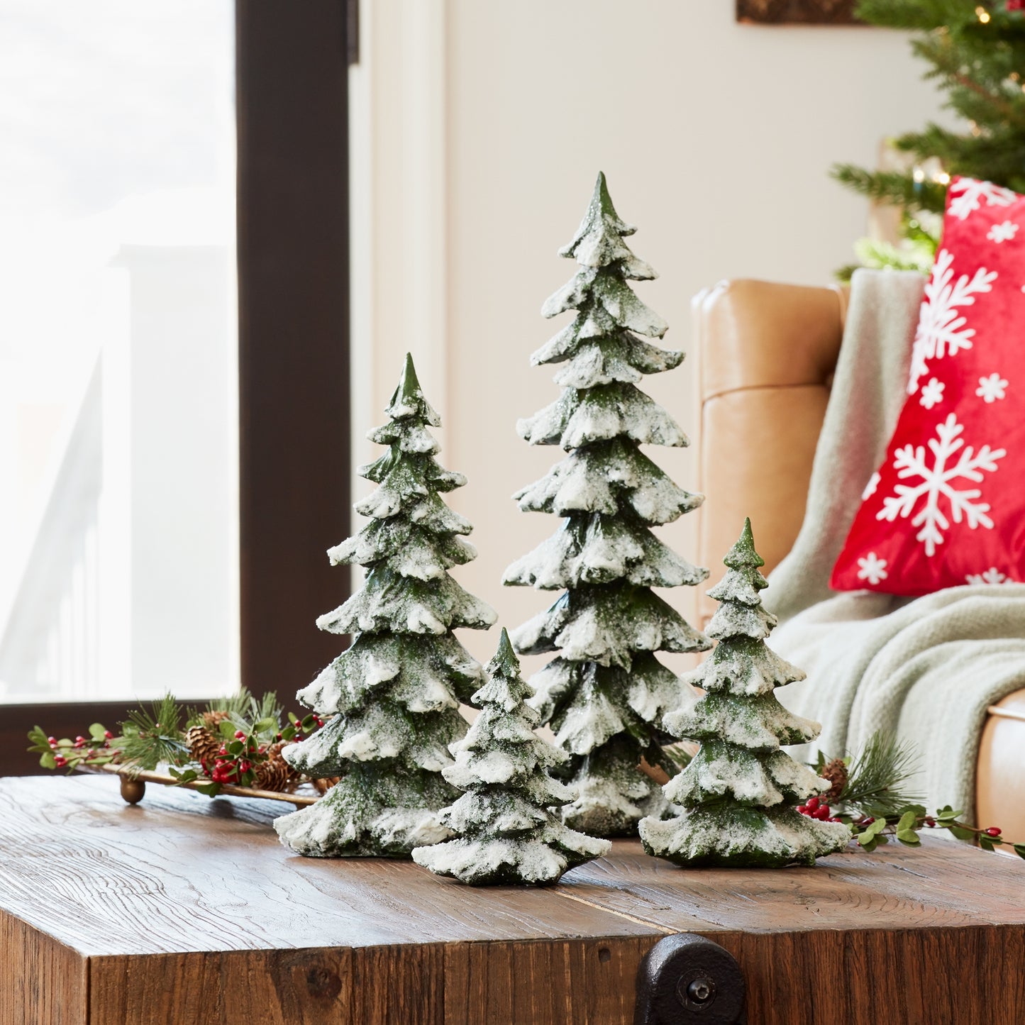 Green Flocked Pine Tree Decor (Set of 4)