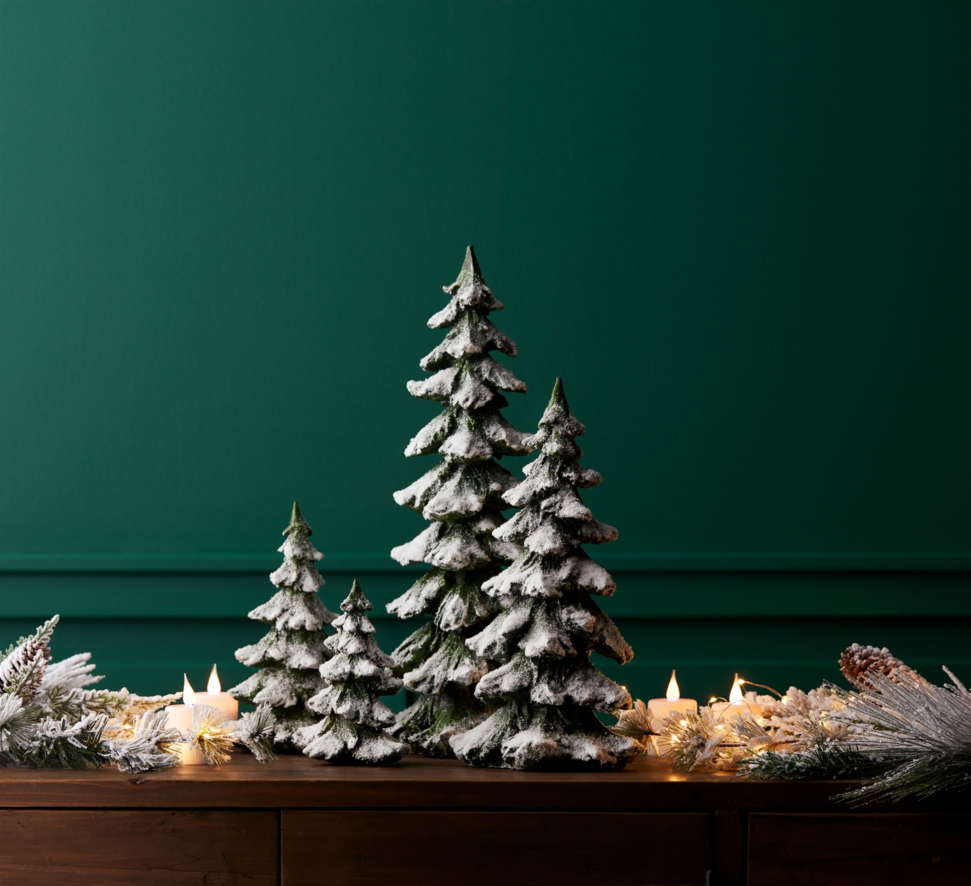 Green Flocked Pine Tree Decor (Set of 4)