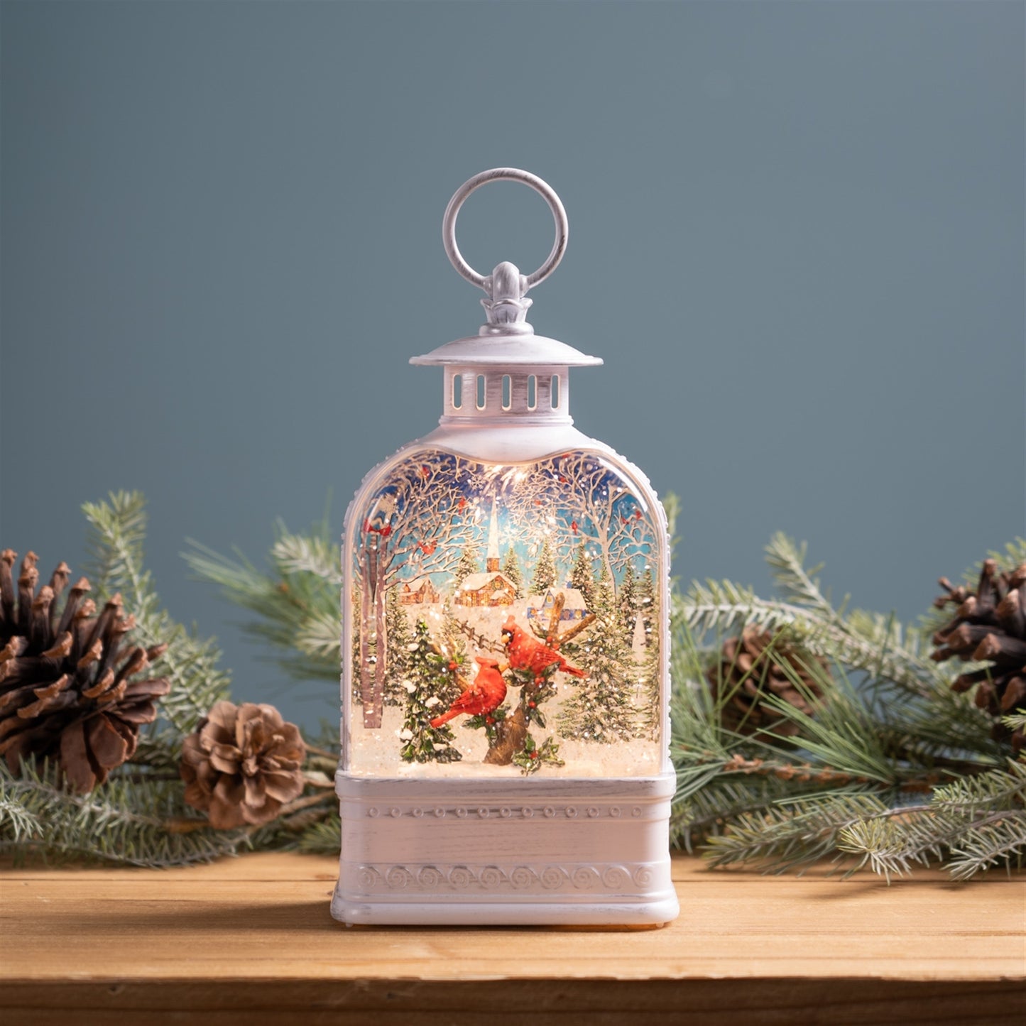 LED Snow Globe Lantern with Cardinal Forest Scene 10.5"H