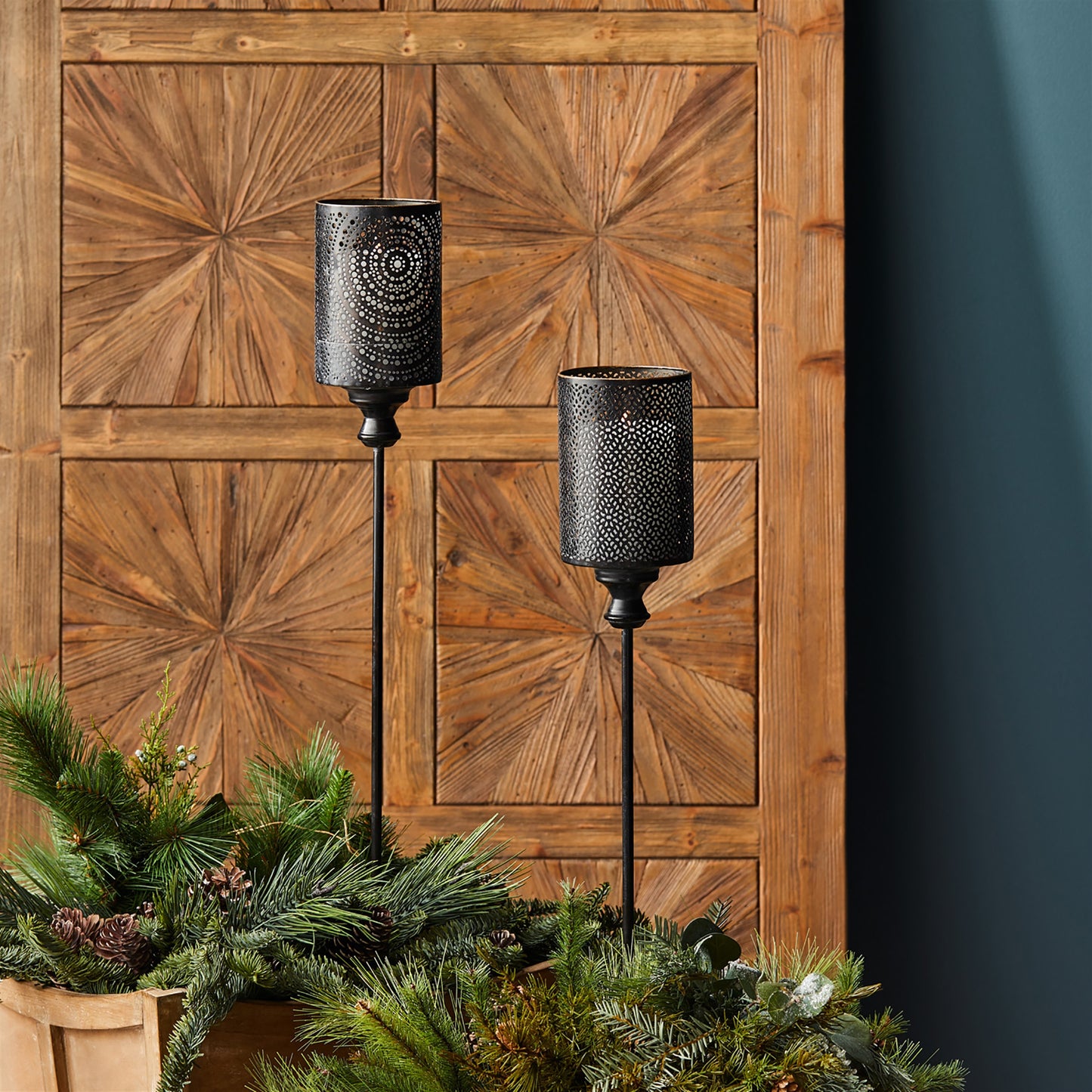 Black Punched Metal Candle Holder Garden Stake (Set of 4)